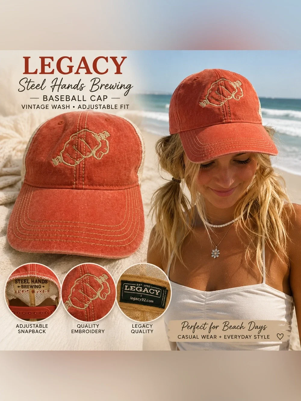 Legacy Women's Washed Rust Orange Baseball Cap with Embroidered Logo